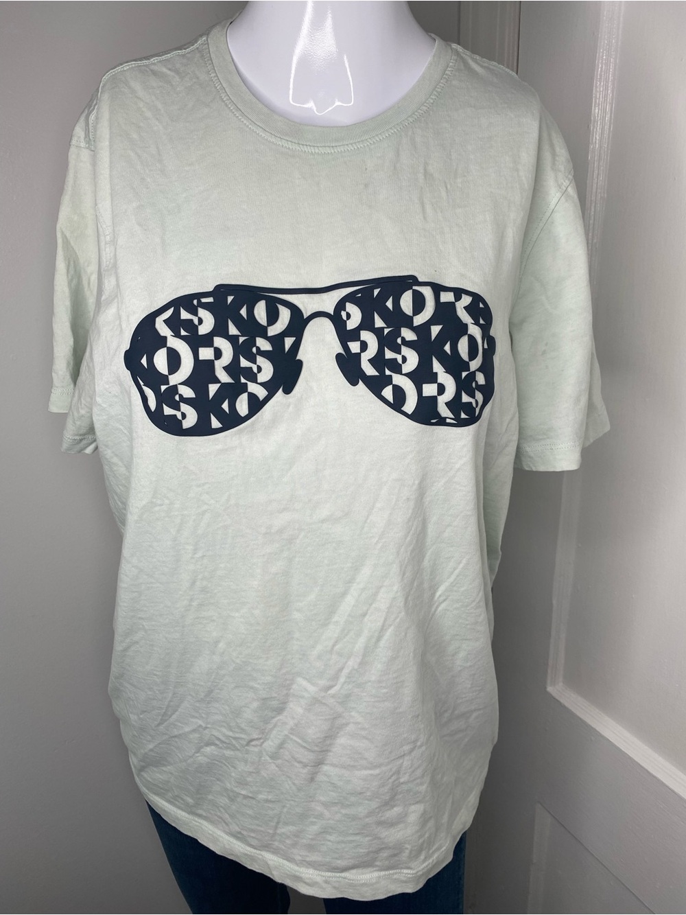Michael Kors Unisex Mint Green Blue Tee with Navy Sunglasses Graphic Flawed